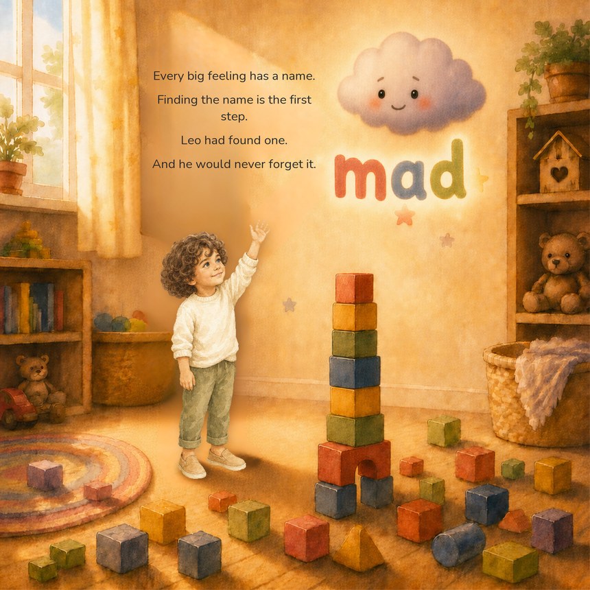 Storybook page — the child illustrated as the hero