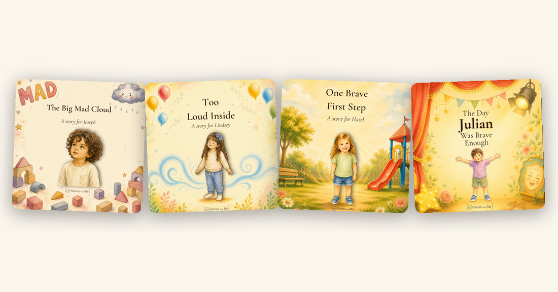 Four Stories With Me personalized book covers: The Big Mad Cloud, Too Loud Inside, One Brave First Step, and The Day They Were Brave Enough