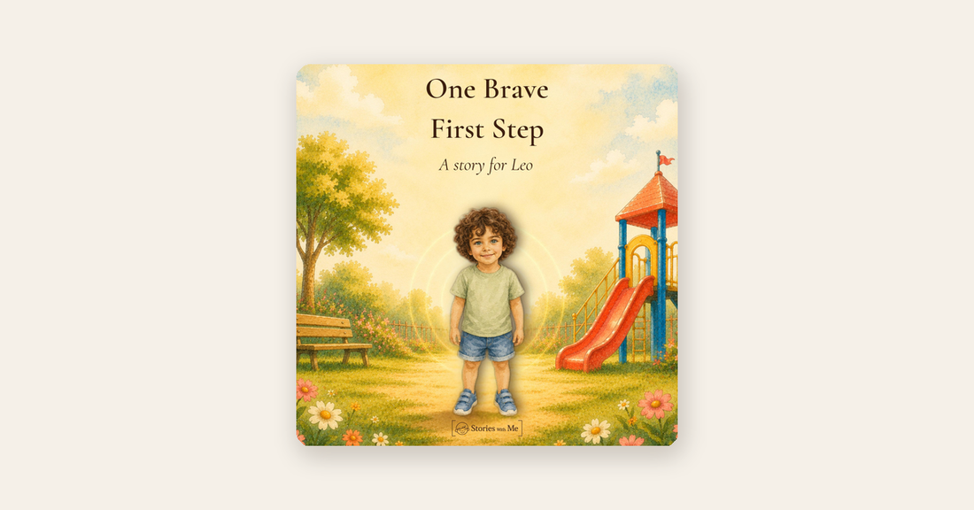 One Brave First Step personalized book cover on a cream background