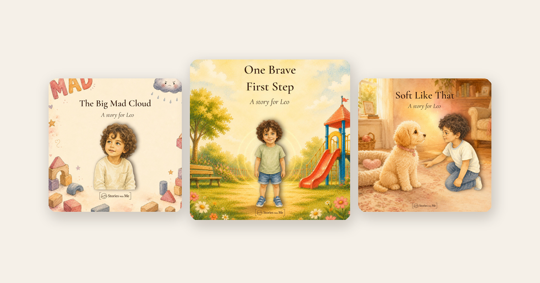 Three Stories With Me personalized book covers on a cream background
