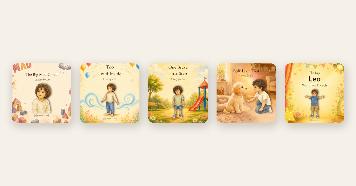 Five Stories With Me personalized book covers on a cream background