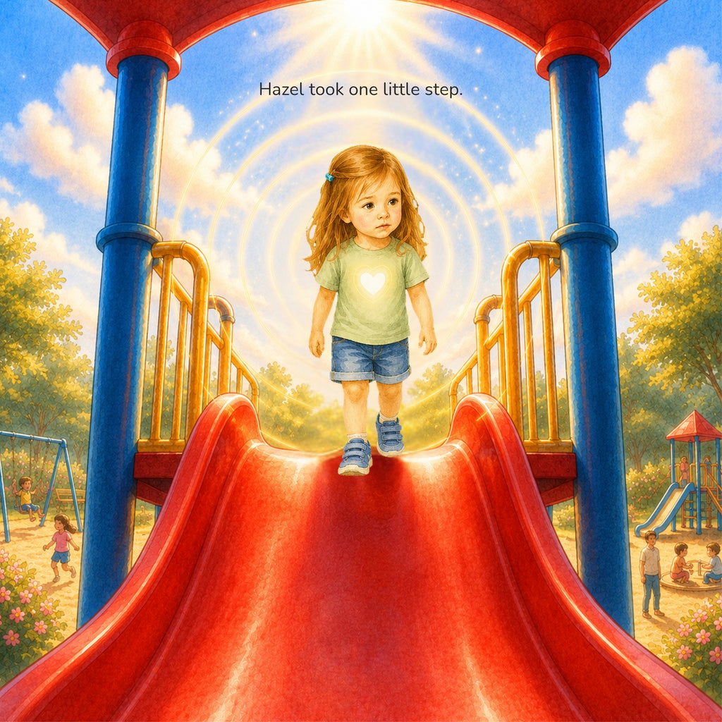 Interior page — Hazel takes one little step at the top of the big slide