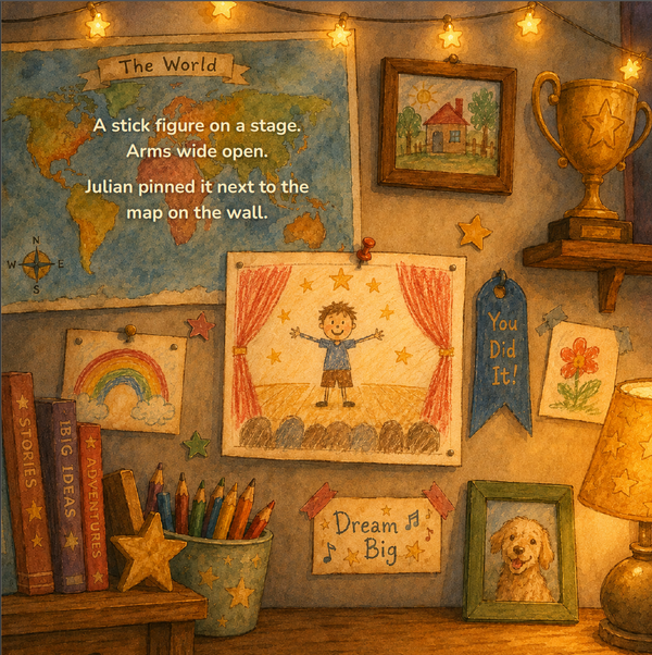 Illustrated page — Julian pins his stage drawing next to the map on the wall