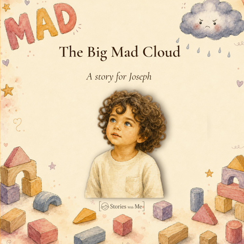 The Big Mad Cloud personalized book cover — 'A story for Joseph' with a watercolor boy, wooden blocks, and the mad storm cloud