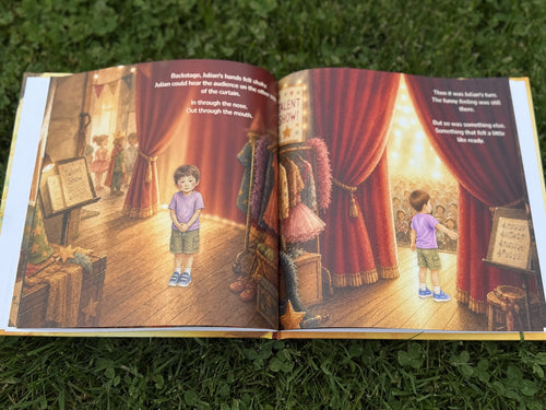 Printed Brave Enough book open to the backstage talent show illustration