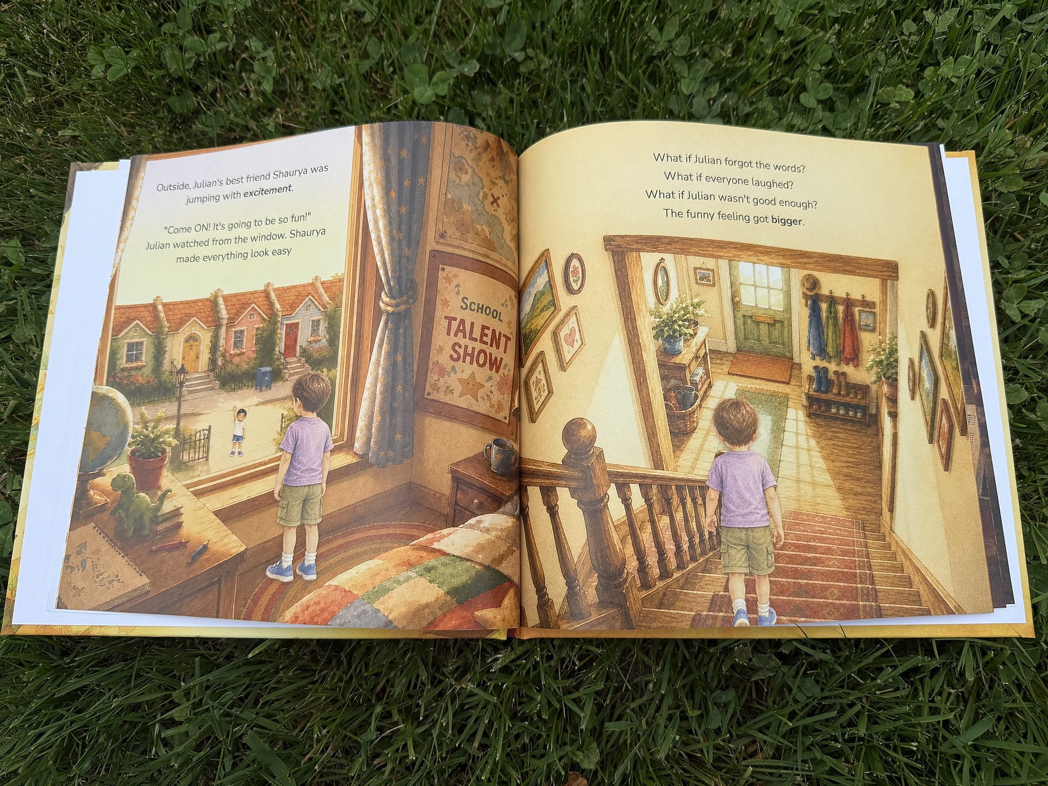 Interior spread of the printed book showing the friend at the window scene