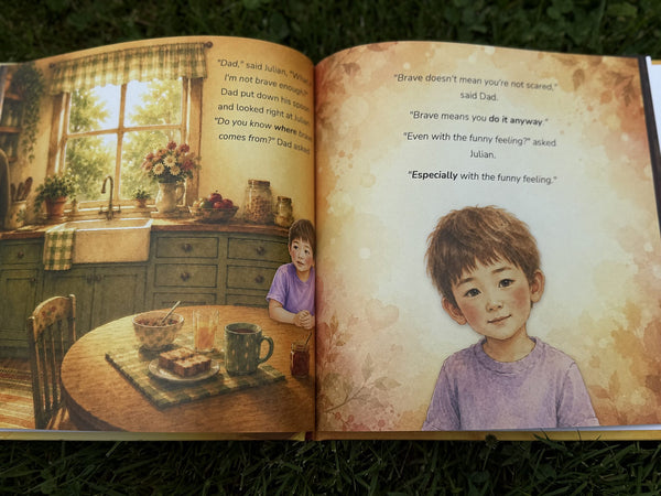 Interior spread showing the kitchen conversation and a watercolor portrait of the child