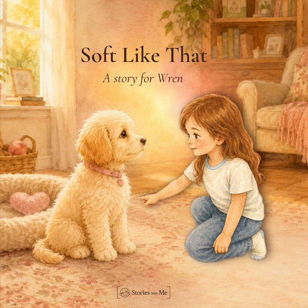 Soft Like That personalized book cover, a child and their puppy