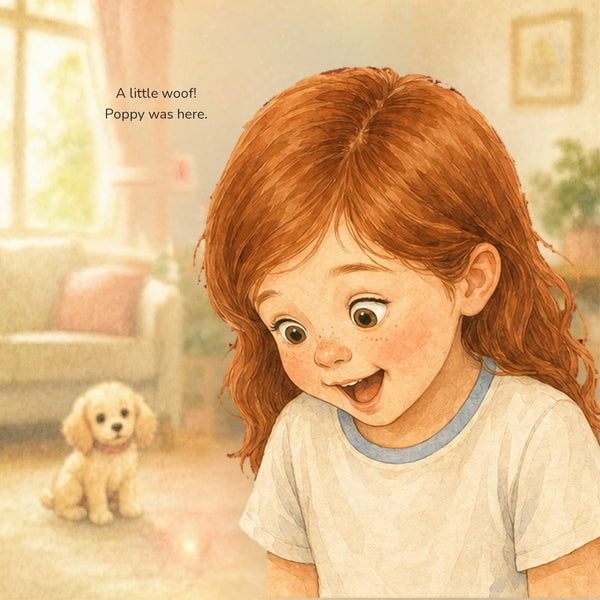 Wren meets her new puppy Poppy for the first time, in soft watercolor
