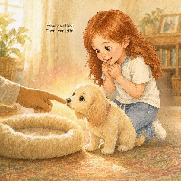 Poppy the puppy leans in as Wren reaches out softly