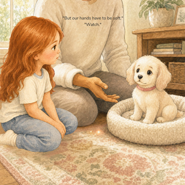 Wren's mom shows her how to use soft hands with the puppy