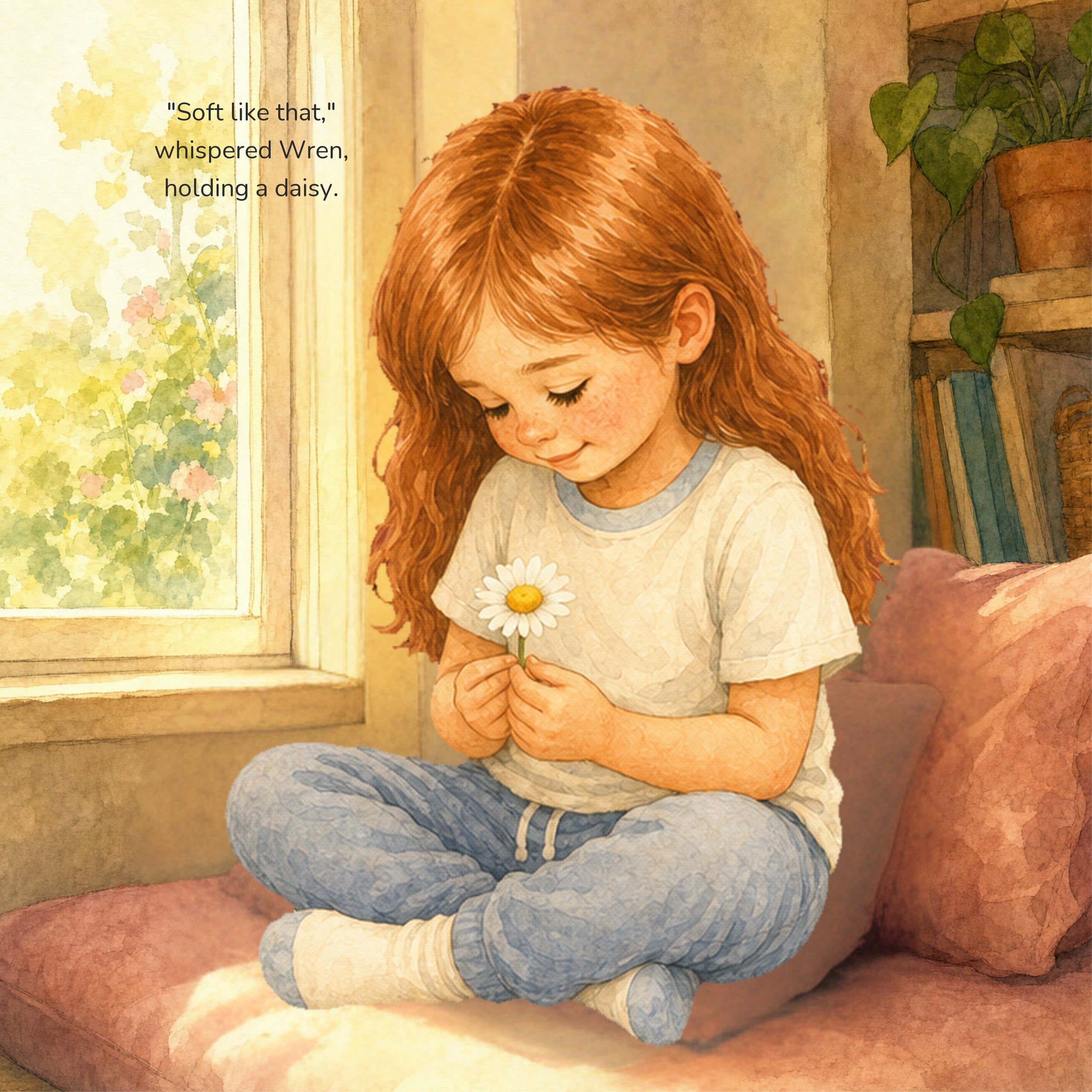 Wren holds a daisy softly at the close of her story
