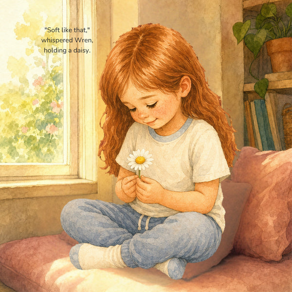 Wren holds a daisy softly at the close of her story