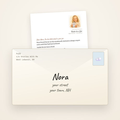 A letter from Puff in its addressed envelope. Example letter, illustrated with a sample child.
