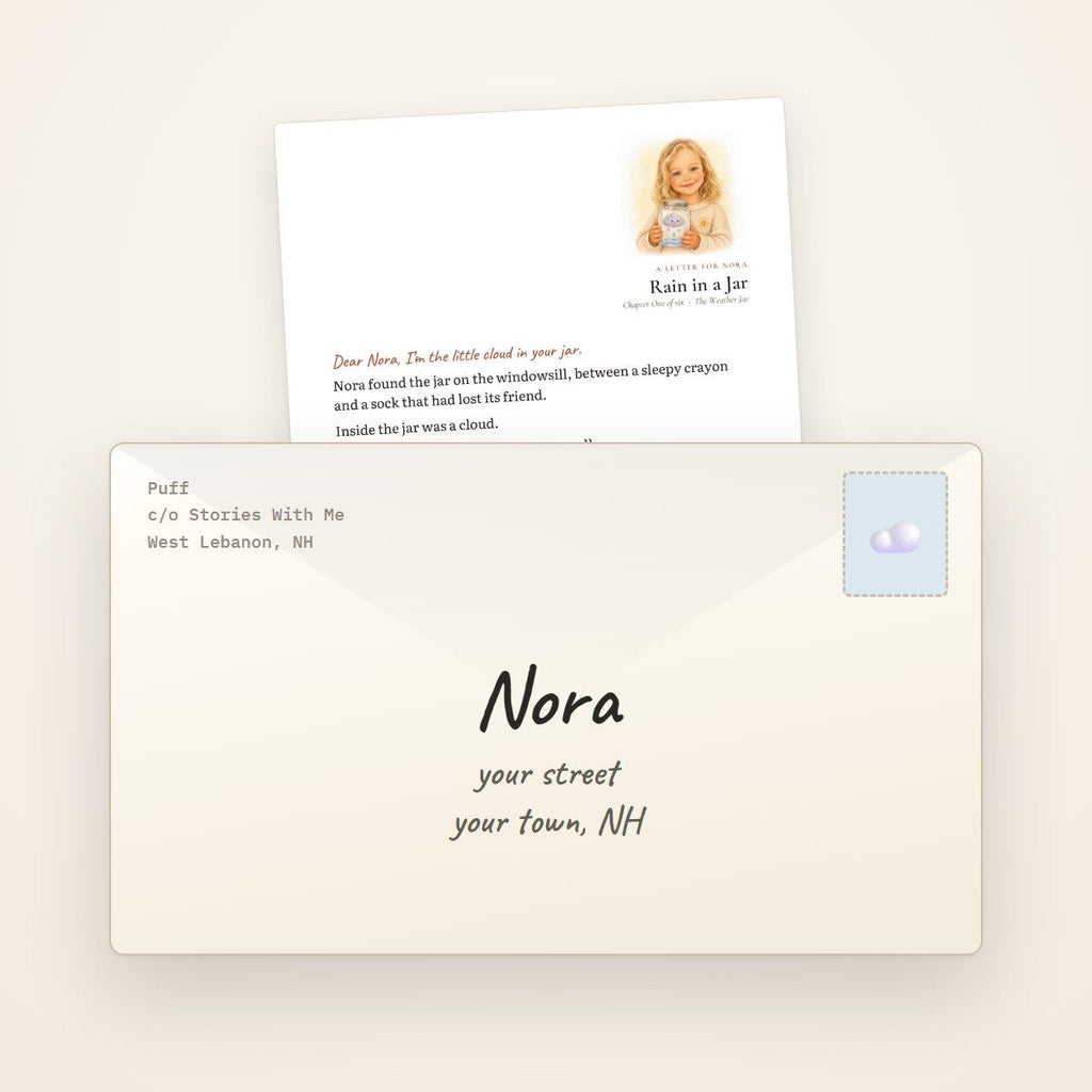 A letter from Puff in its addressed envelope. Example letter, illustrated with a sample child.